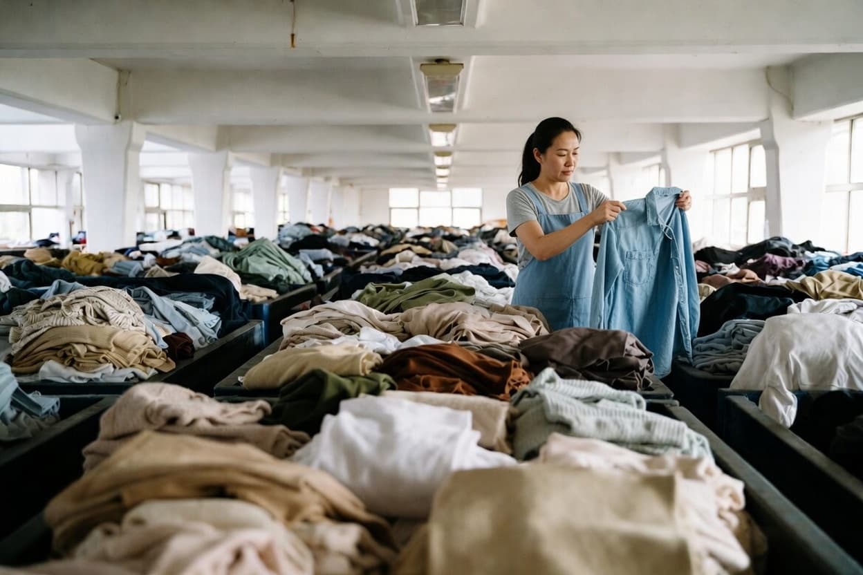 Piles of discarded textiles awaiting sorting and recycling.